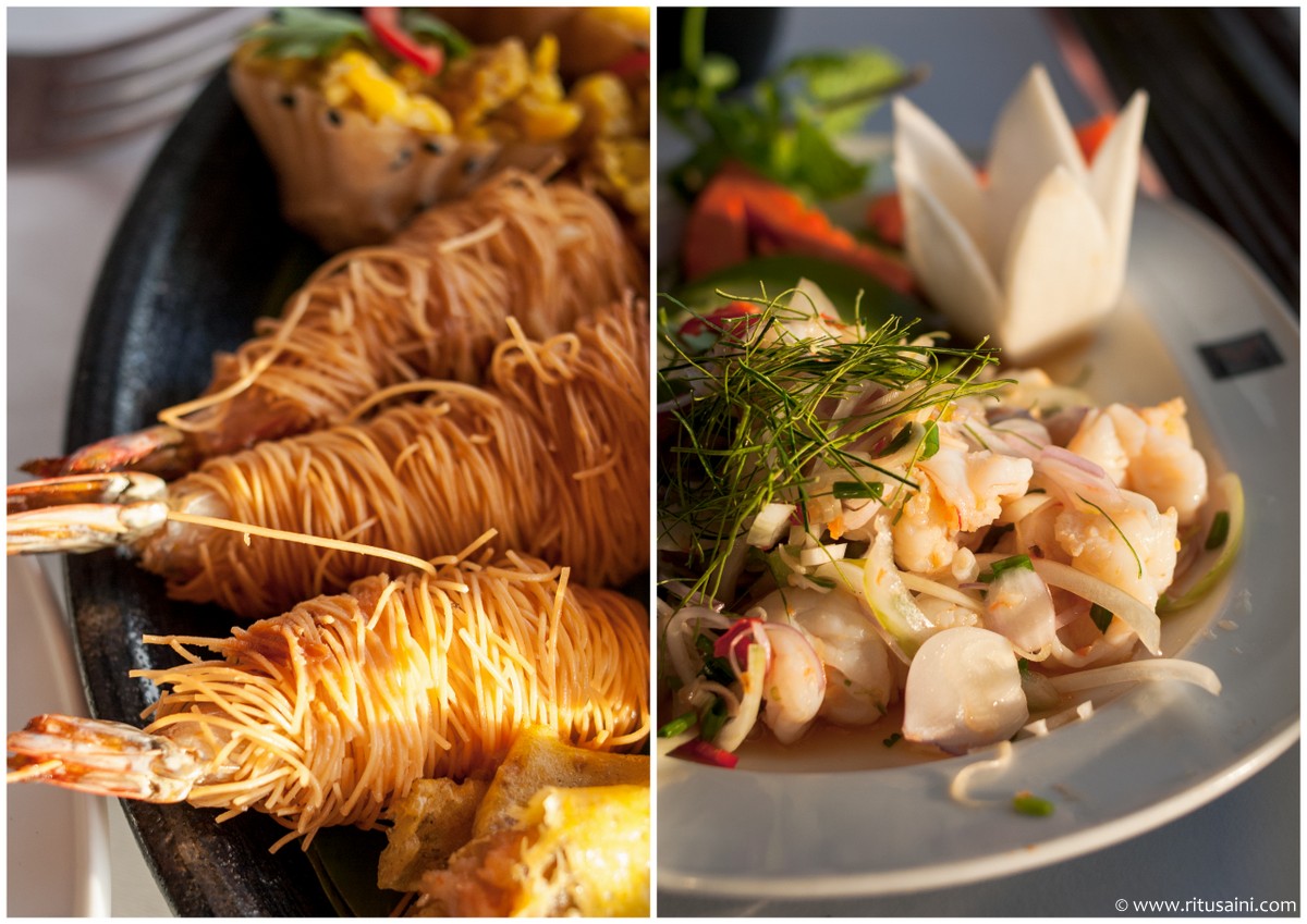 Goong Lai Sarong - Deep-Fried Prawns Rolled with Yellow Noodles and Pla Goong - Spiced Prawns Salad with Lemongrass
